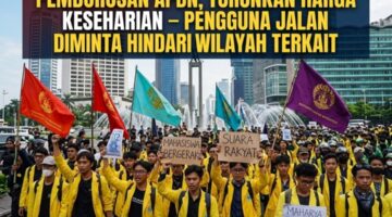 RIBUAN MAHASISWA DEMONSTRASI DI BUNDARAN HI: SERUHKAN HENTIKAN PEMBOROSAN APBN, TURUNKAN HARGA KESEHARIAN – PENGGUNA JALAN DIMINTA HINDARI WILAYAH TERKAIT